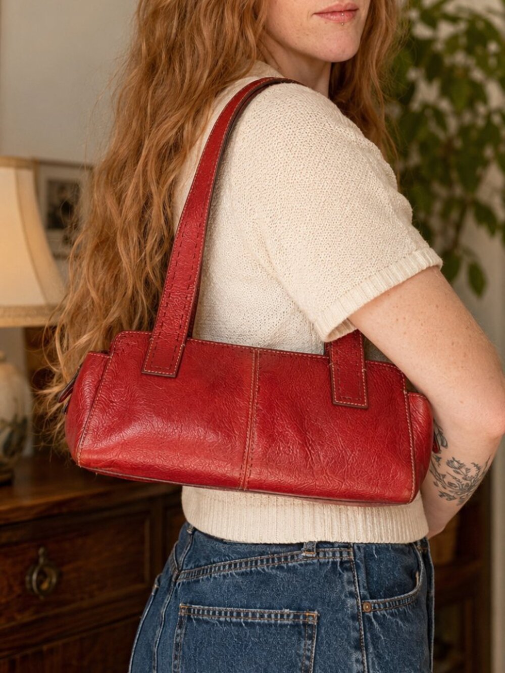 Fossil Sedona Saddle Bag Red Leather Shoulder Purse Vintage Y2K - Picture 2 of 8